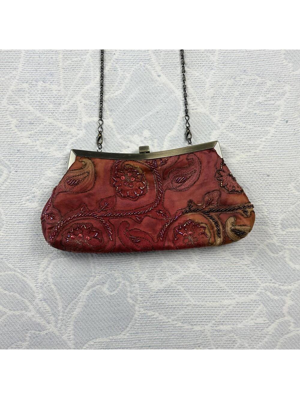 Carlo Fellini Paisley Satin Beaded Evening Clutch with Chain Strap